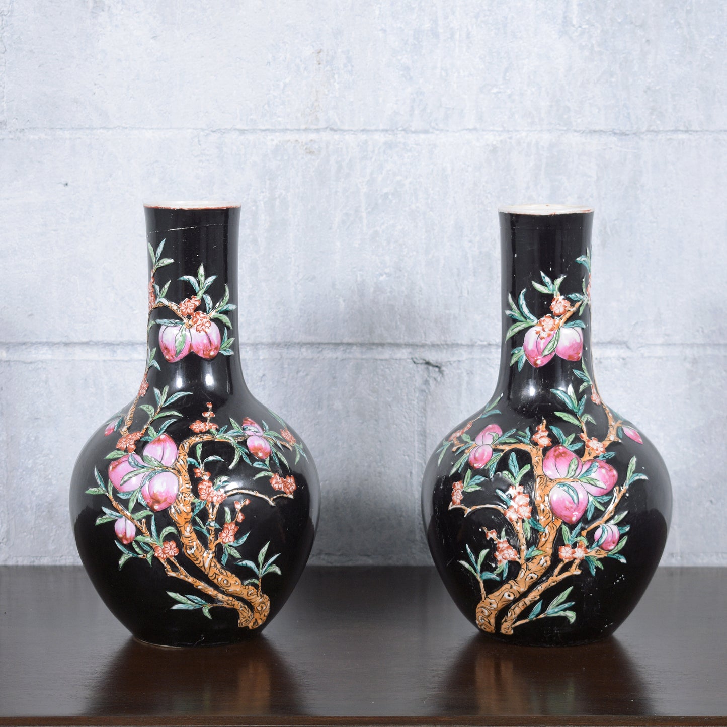 Pair of Vintage Hand-Painted Chinese Porcelain Vases with Floral & Fruit Pattern