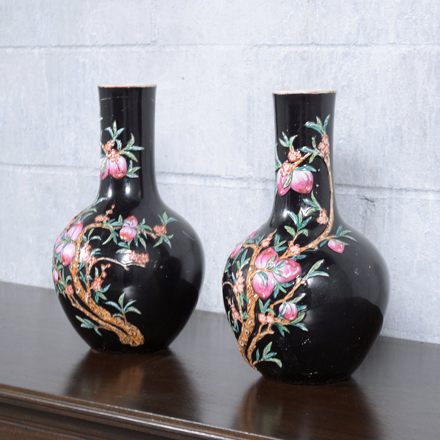 Pair of Vintage Hand-Painted Chinese Porcelain Vases with Floral & Fruit Pattern