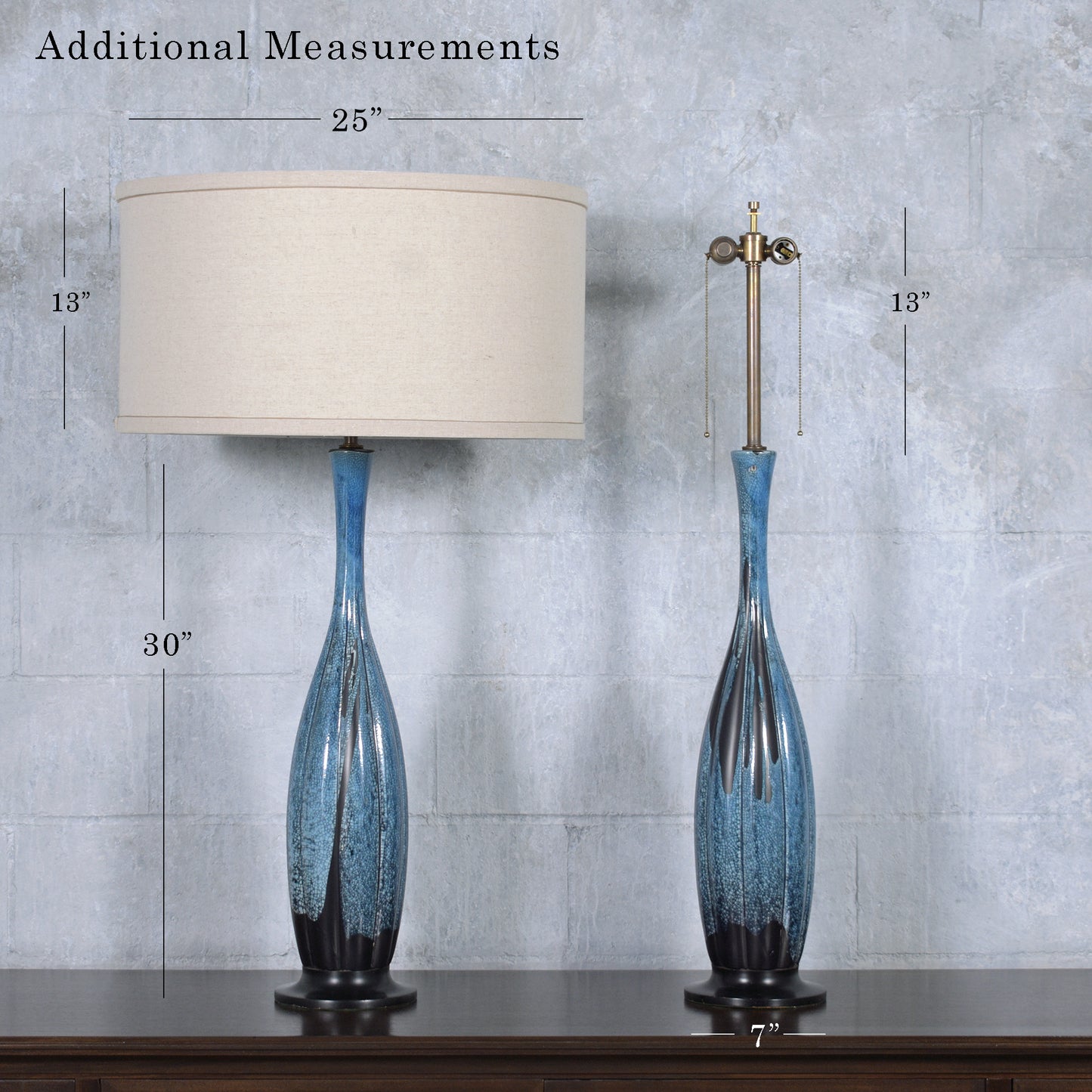 Restored Mid-Century Porcelain Tall Table Lamps in Blue and Black - a Pair