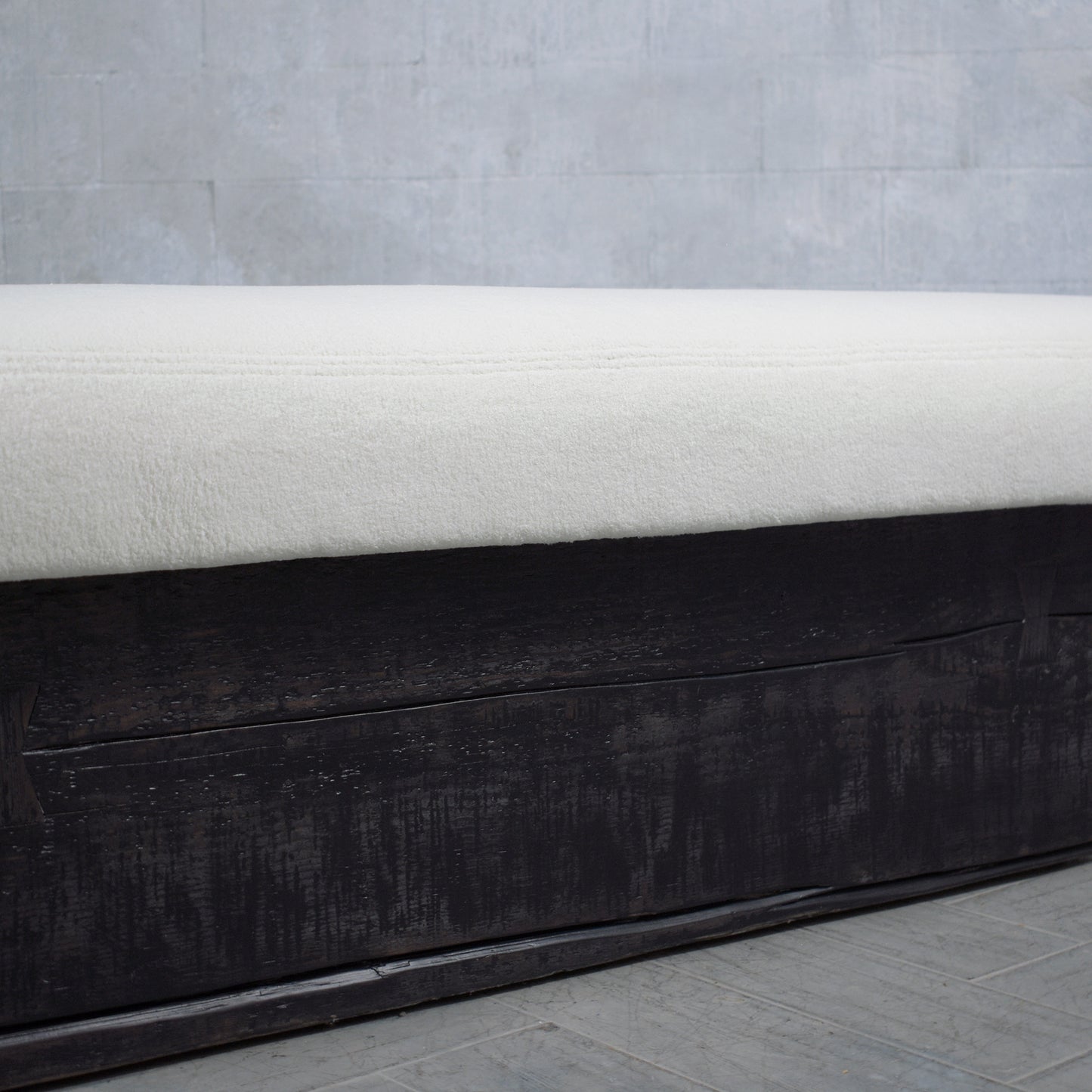 Restored Modern Slab Bench with Black Ebonized Finish and Bouclé Cushion