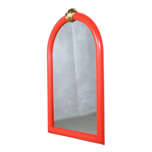 Vintage 1960s Red Mid-Century Arch Top Mirror with Brass Crest