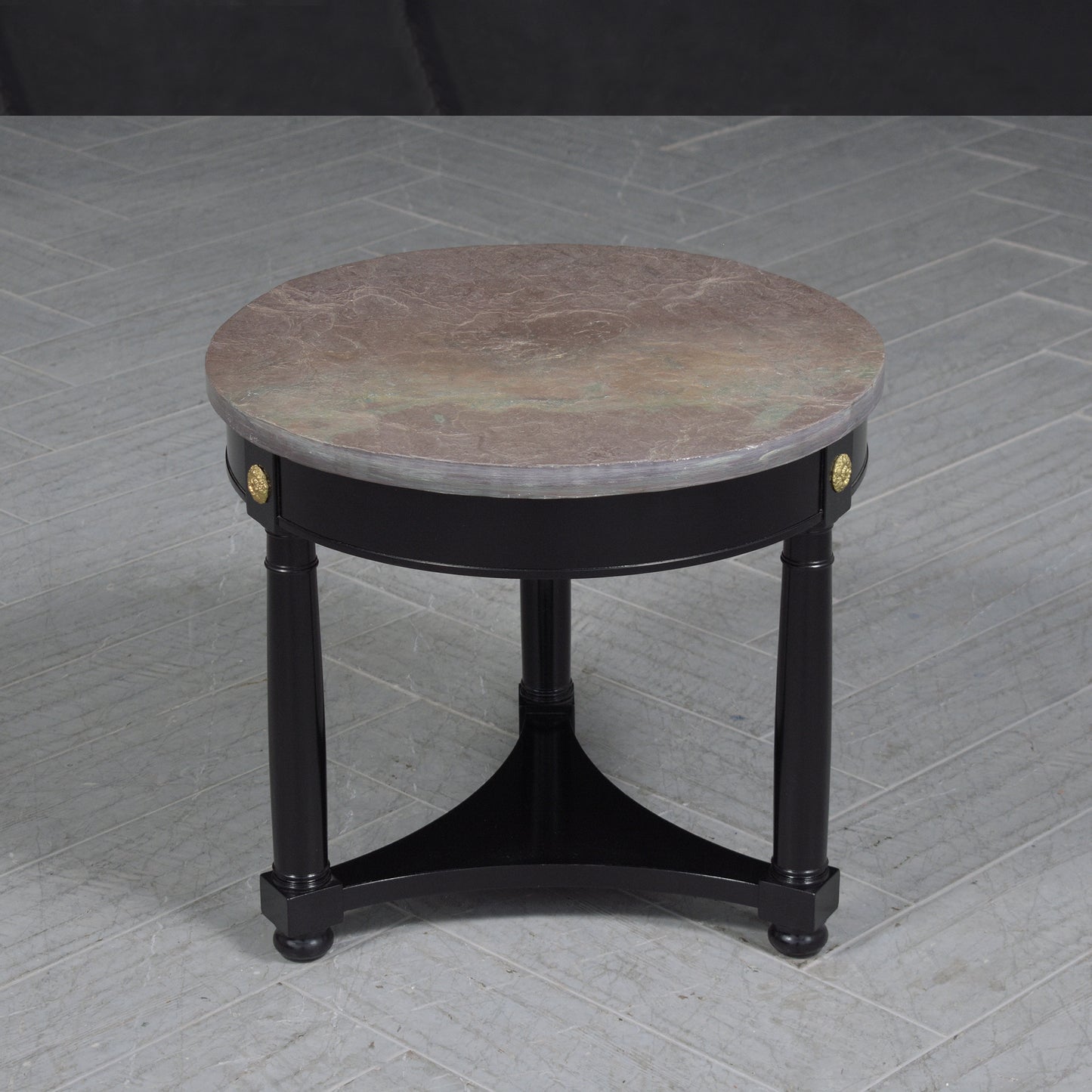 Vintage Regency-Style Round Side Table with Grey Marble Top & Brass Accents