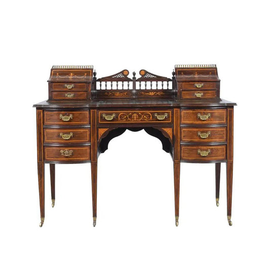 1890s Antique English Carlton Writing Desk with Mahogany and Inlay Veneers