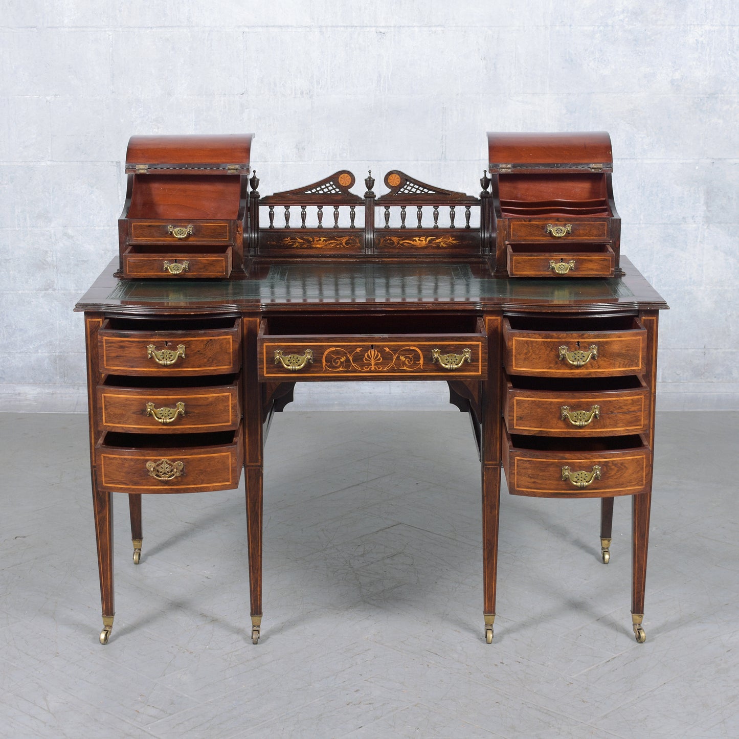 1890s Antique English Carlton Writing Desk with Mahogany and Inlay Veneers