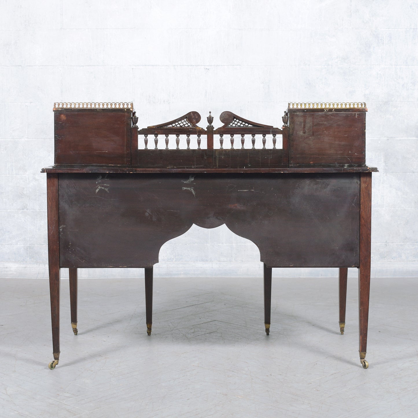 1890s Antique English Carlton Writing Desk with Mahogany and Inlay Veneers