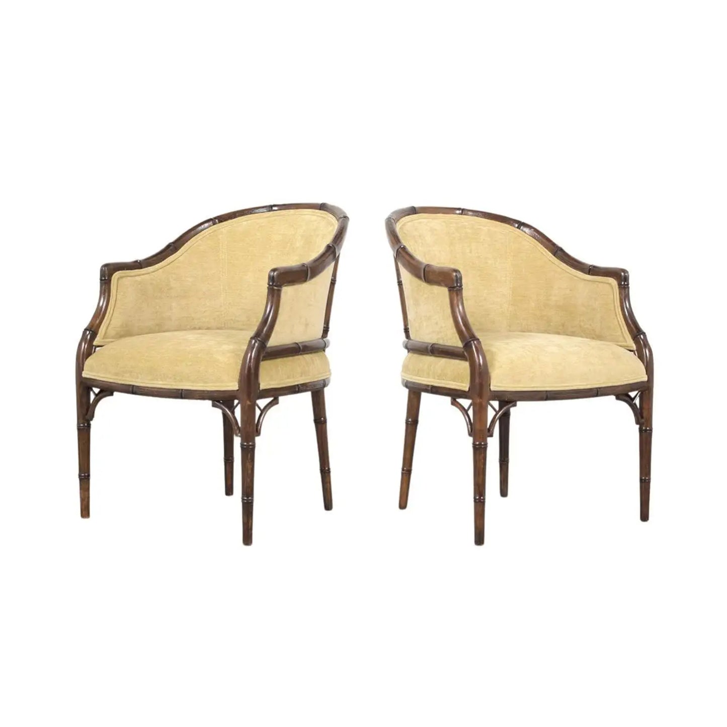 Pair of Vintage 1960s Faux Bamboo Armchairs - Champagne Fabric