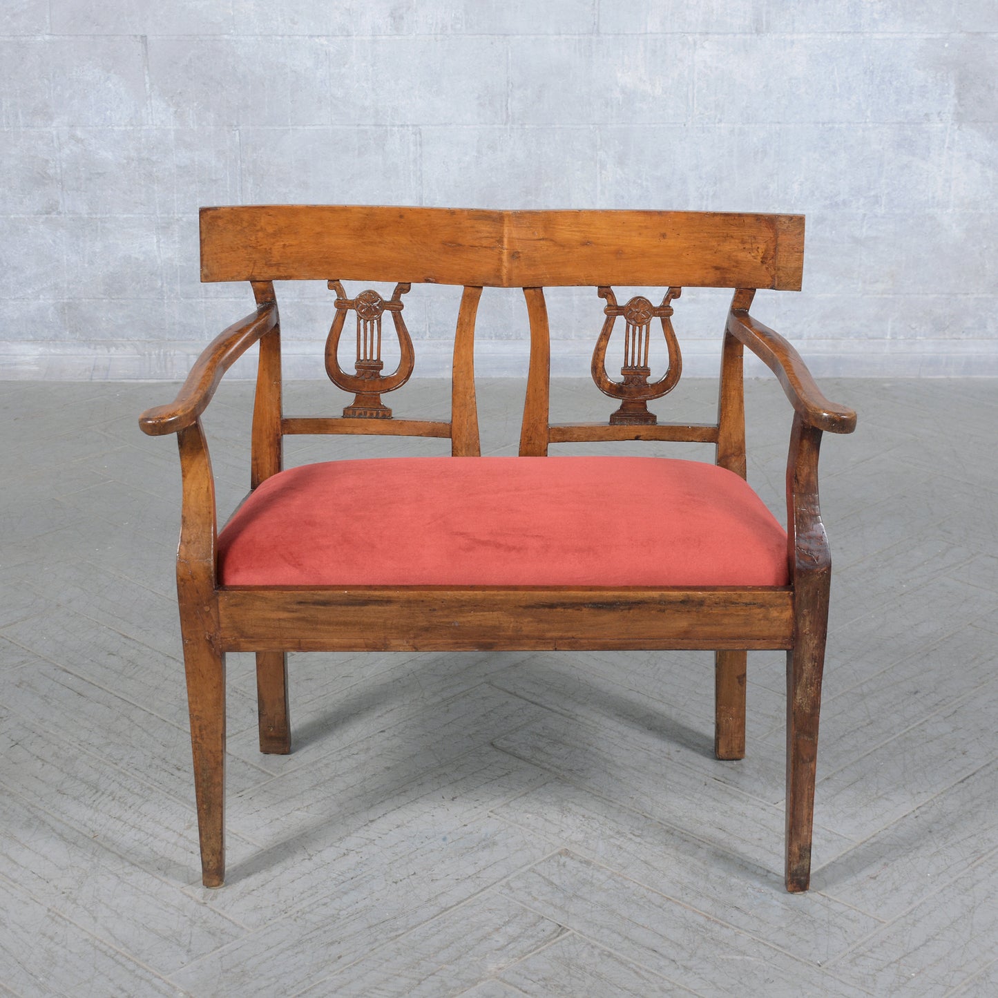 Late 18th-Century English Red Velvet Walnut Bench