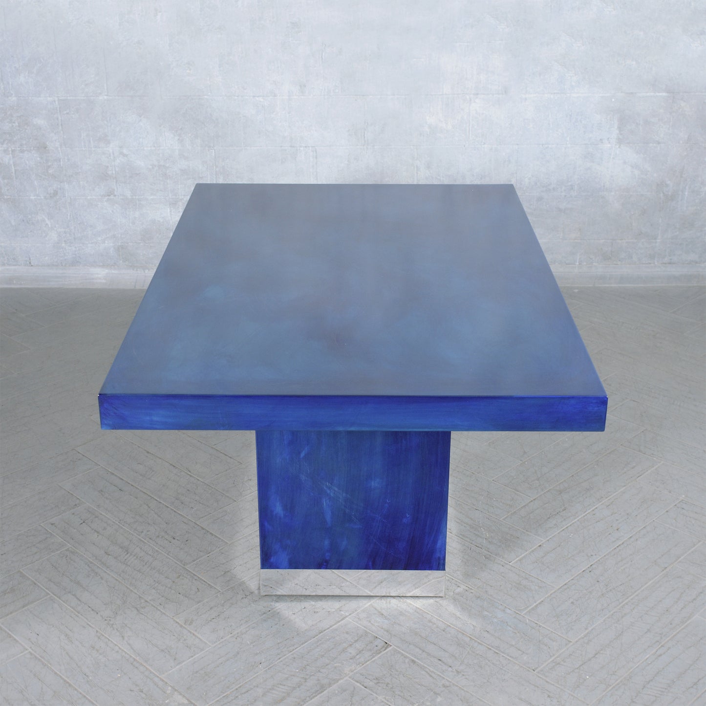 Italian Mid-Century Goatskin Dining Table, Chrome Accents, Navy Blue & White