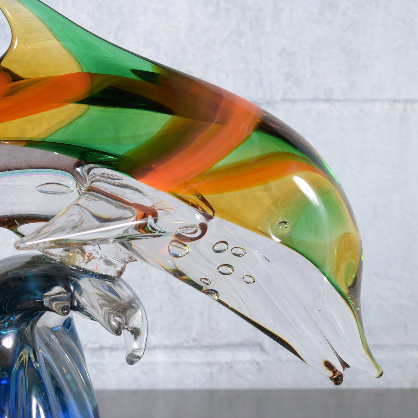 Stunning Murano Glass Dolphin Sculpture on Blue Blown Glass Wave