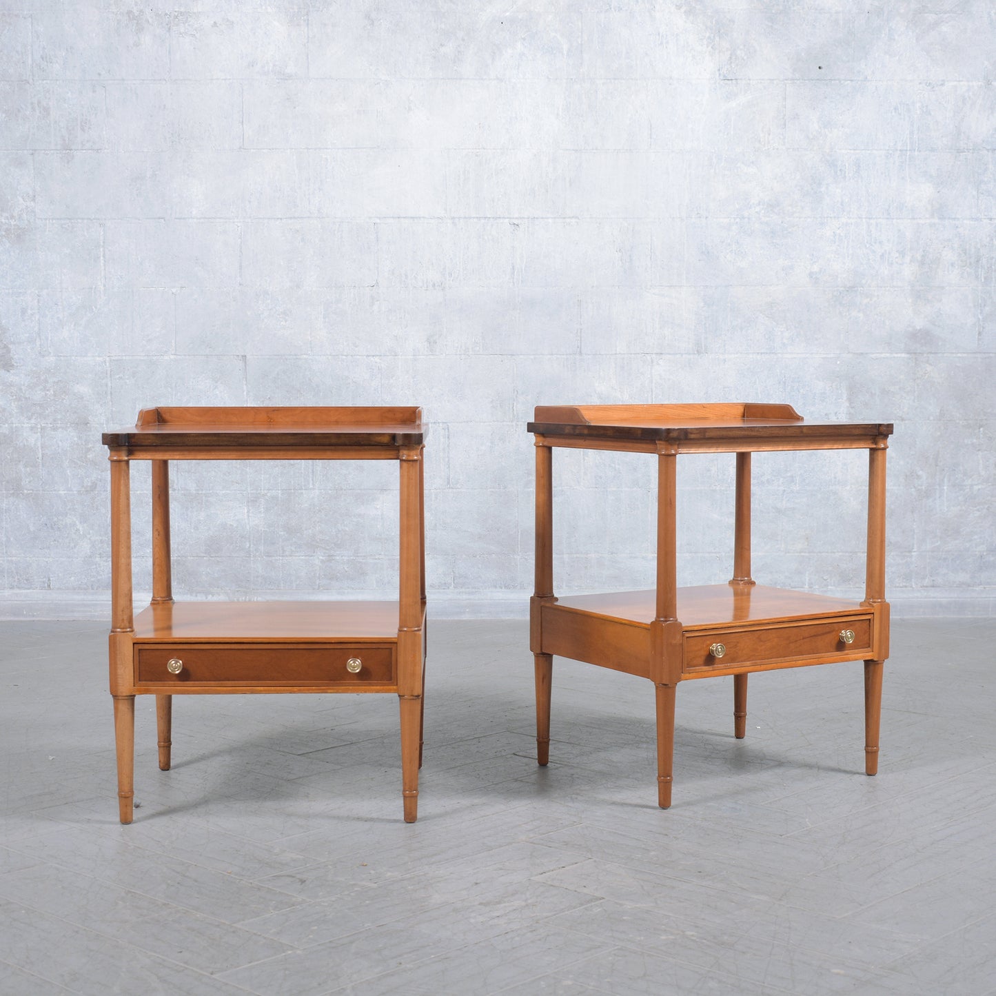 Elegant Handcrafted Maple Bedside Tables with Brass Handles and Tapered Legs