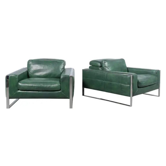 Restored Modern Lounge Chairs in Light Green Leather with Chrome Details