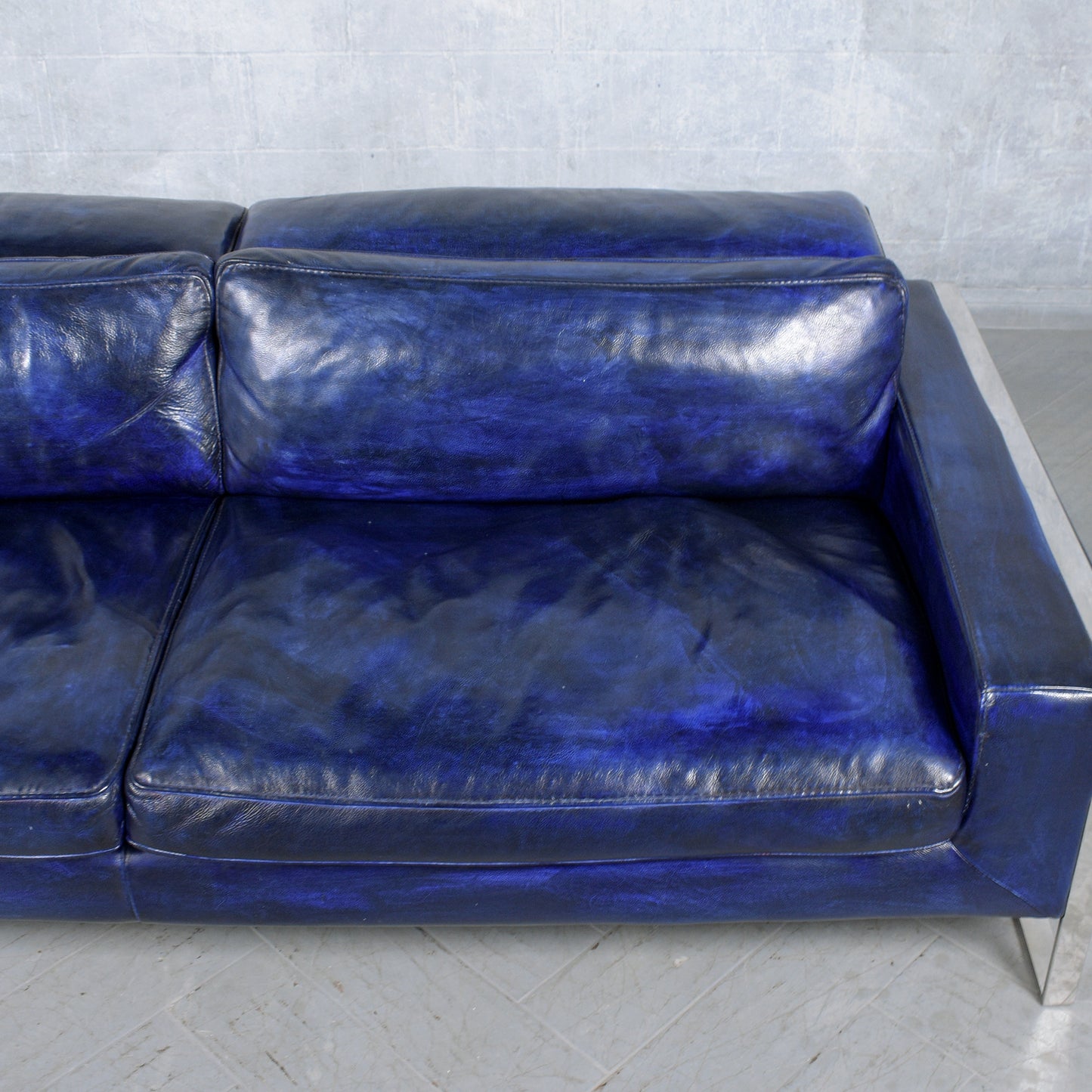 Modern Hand-Crafted Sofa in Dark Blue Leather with Chrome Steel Accents