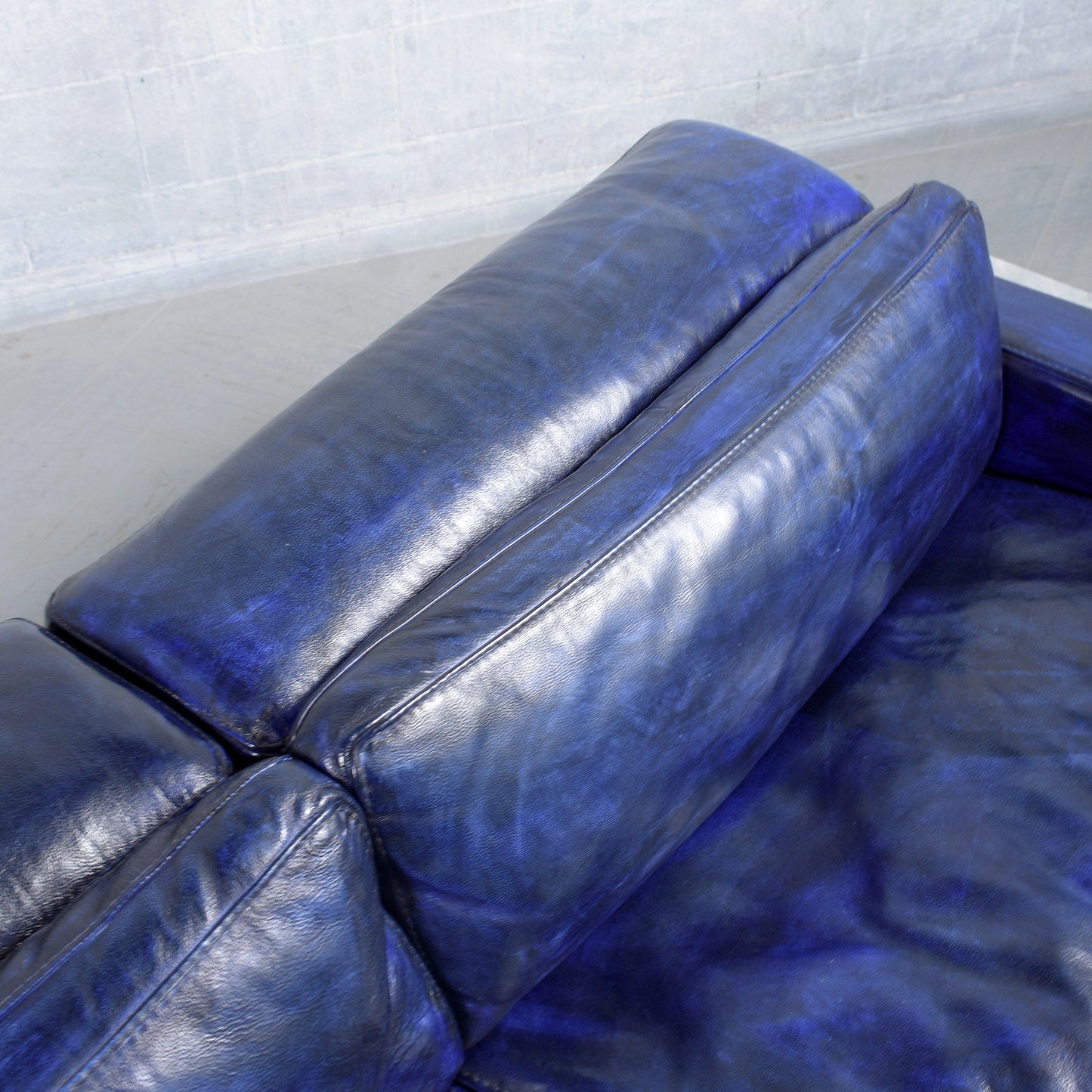 Modern Hand-Crafted Sofa in Dark Blue Leather with Chrome Steel Accents