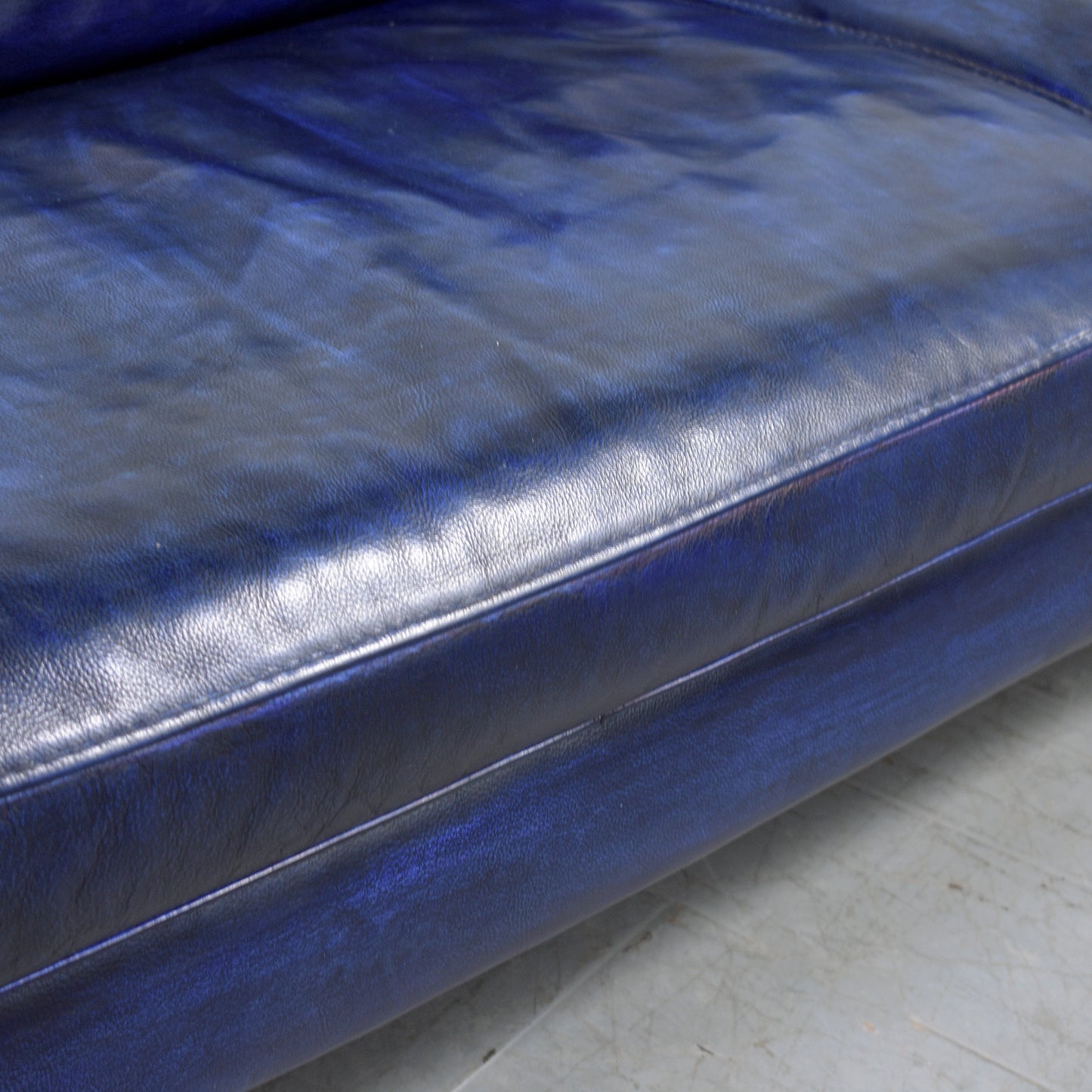 Modern Hand-Crafted Sofa in Dark Blue Leather with Chrome Steel Accents