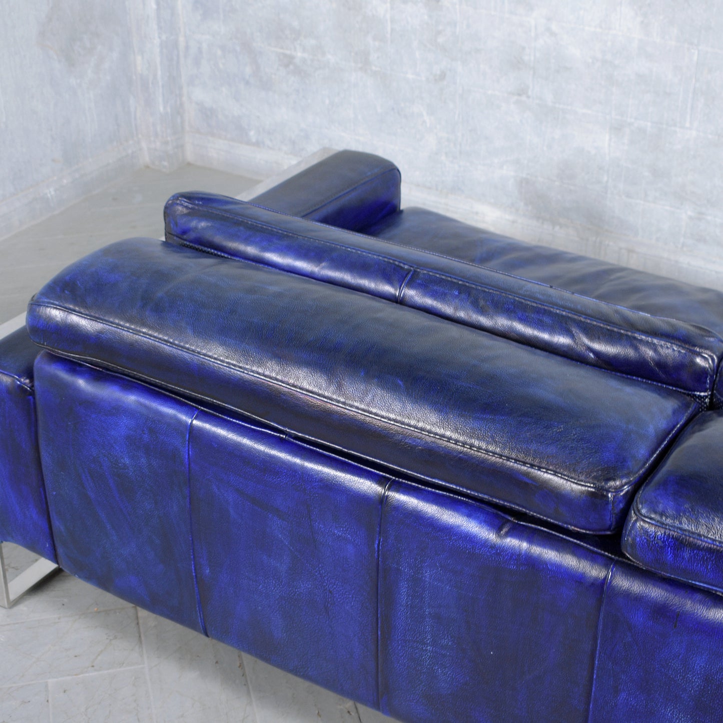 Modern Hand-Crafted Sofa in Dark Blue Leather with Chrome Steel Accents