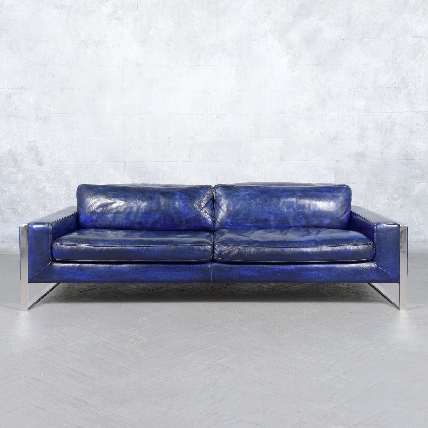 Modern Hand-Crafted Sofa in Dark Blue Leather with Chrome Steel Accents