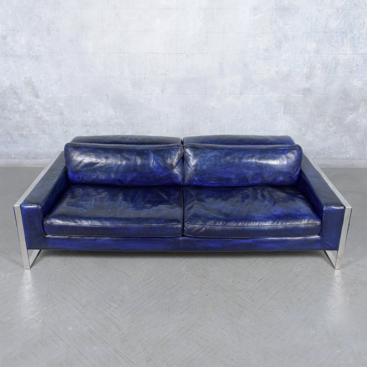 Modern Hand-Crafted Sofa in Dark Blue Leather with Chrome Steel Accents