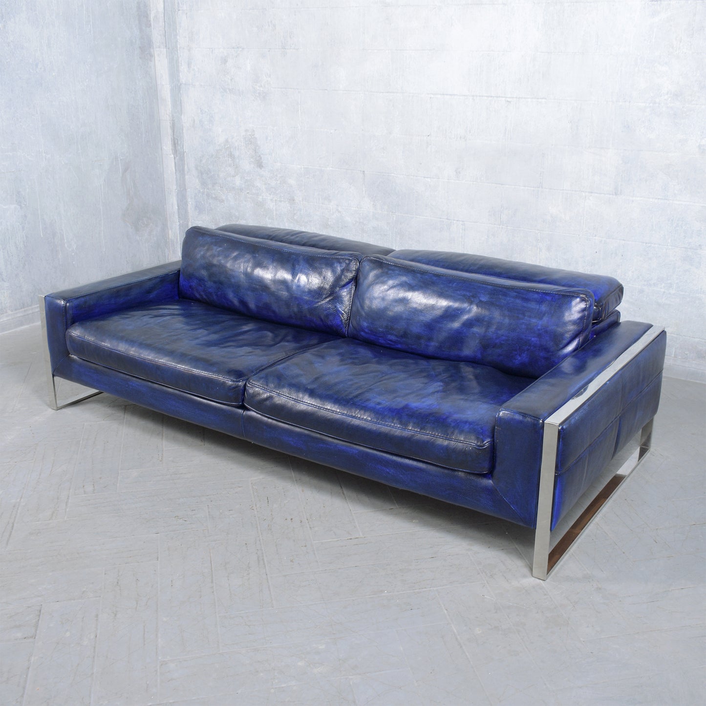 Modern Hand-Crafted Sofa in Dark Blue Leather with Chrome Steel Accents