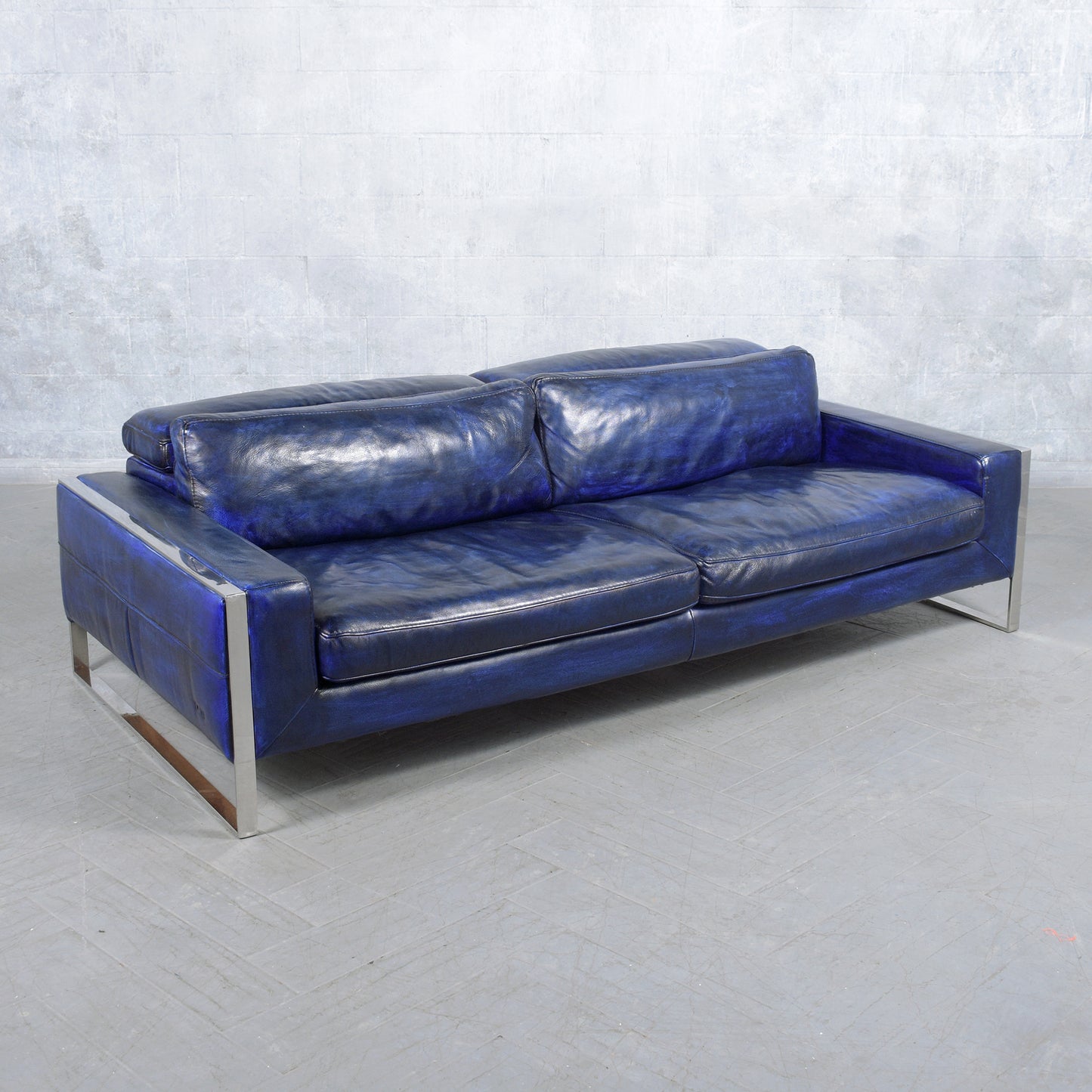 Modern Hand-Crafted Sofa in Dark Blue Leather with Chrome Steel Accents