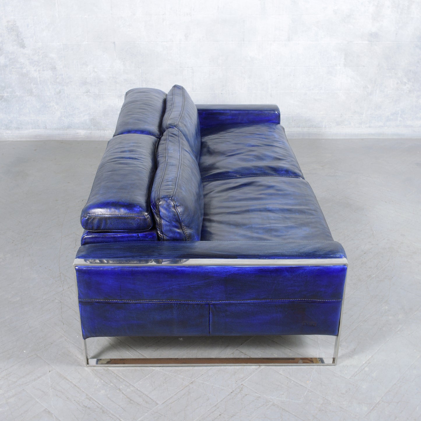 Modern Hand-Crafted Sofa in Dark Blue Leather with Chrome Steel Accents