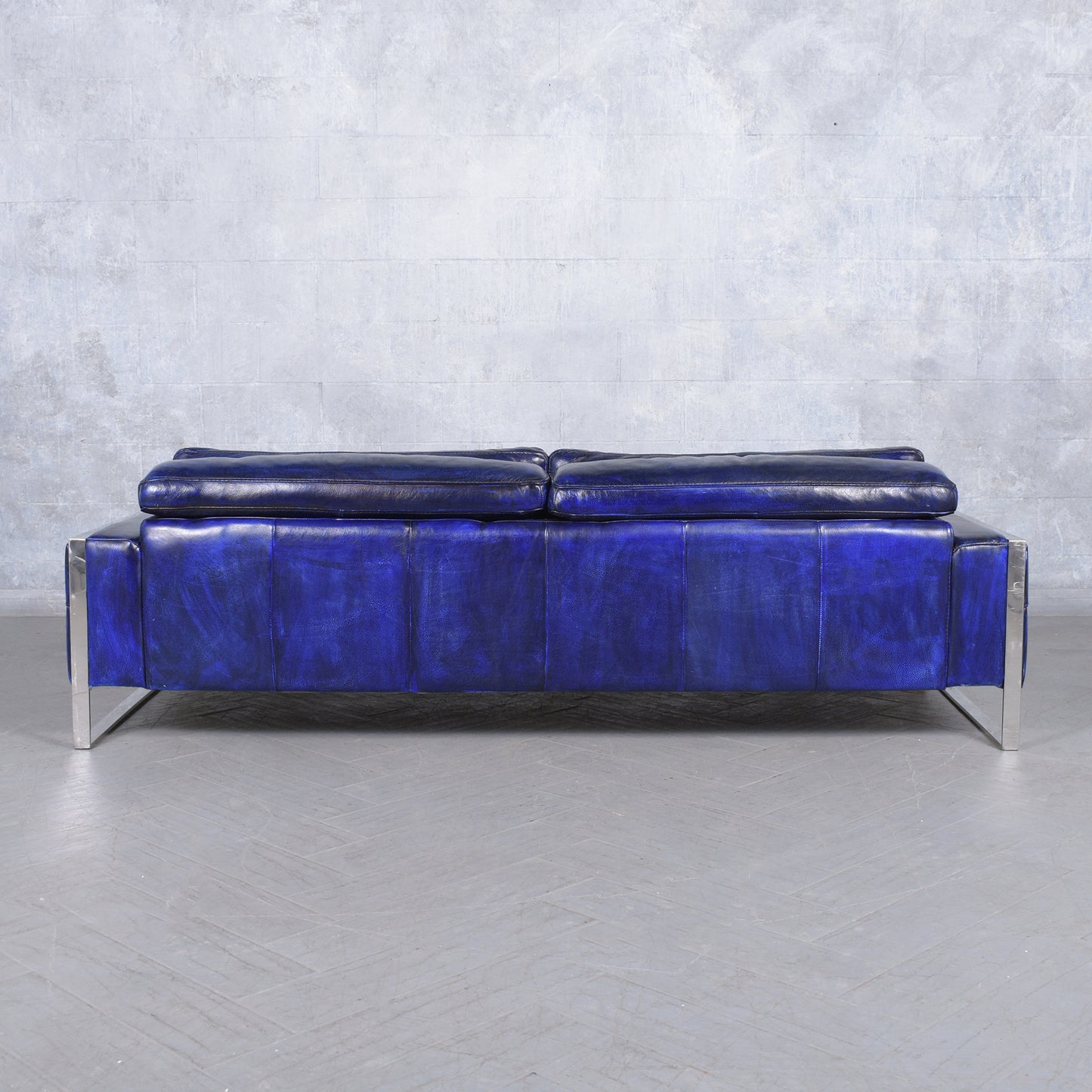 Modern Hand-Crafted Sofa in Dark Blue Leather with Chrome Steel Accents