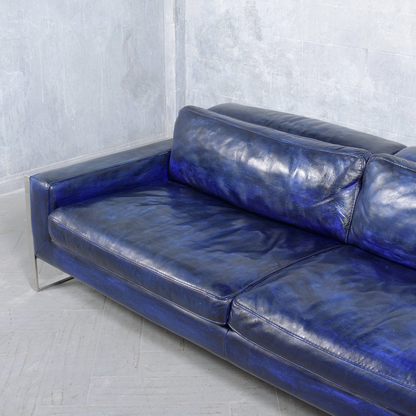 Modern Hand-Crafted Sofa in Dark Blue Leather with Chrome Steel Accents