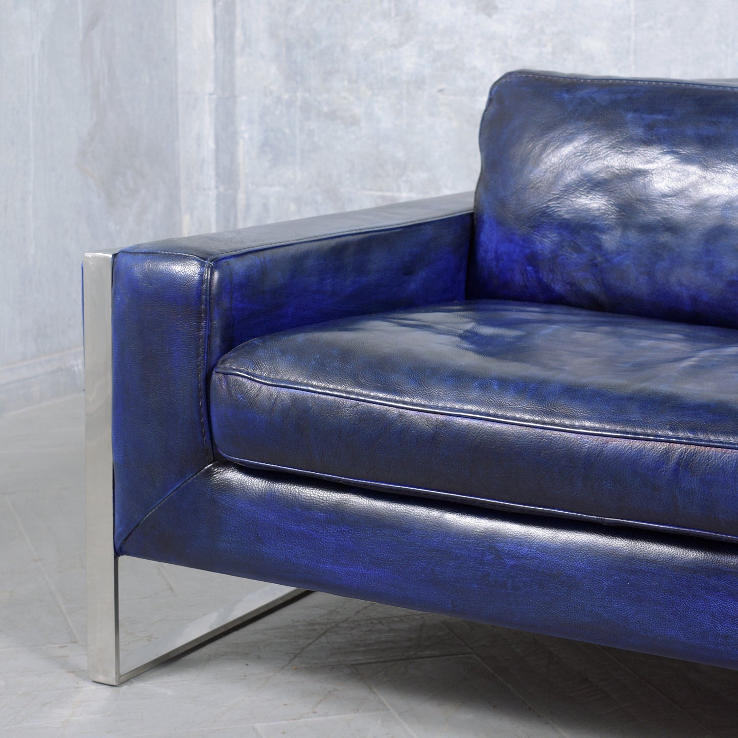 Modern Hand-Crafted Sofa in Dark Blue Leather with Chrome Steel Accents