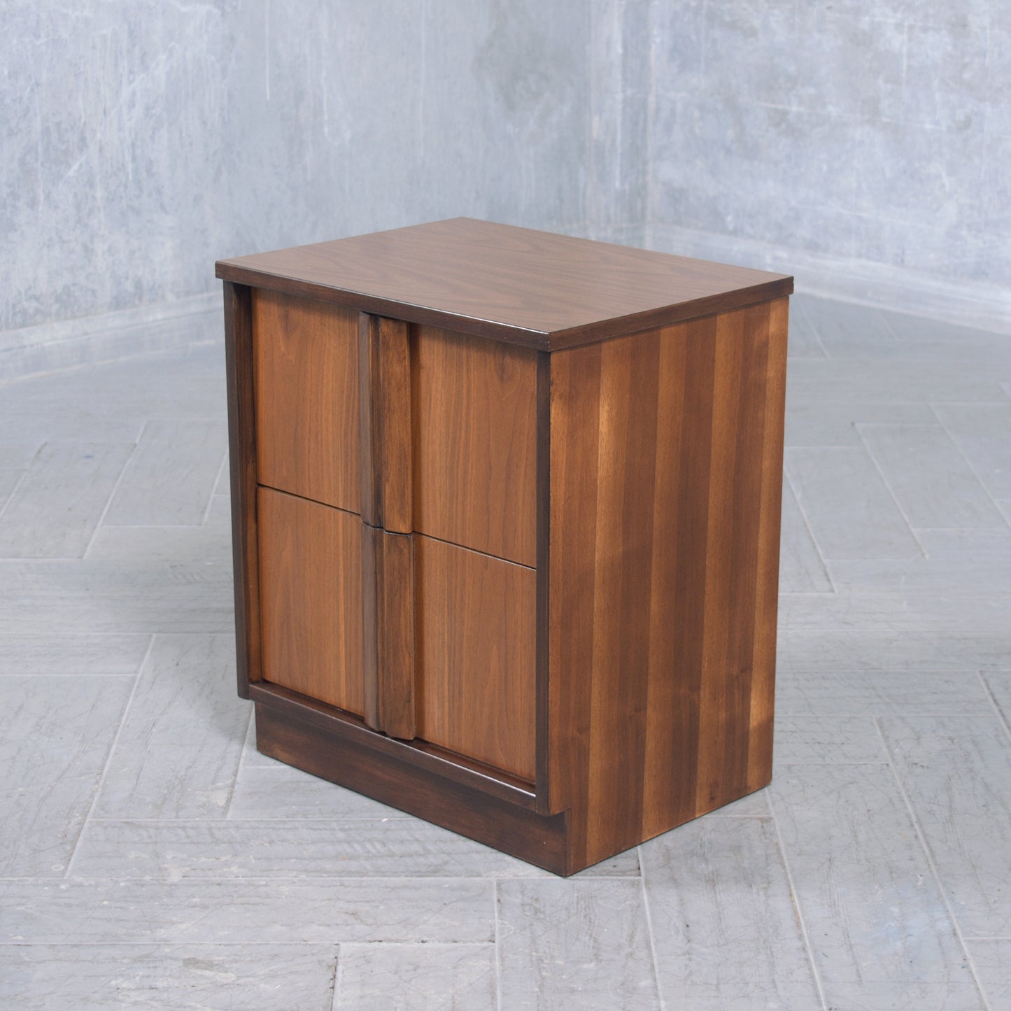 Restored 1960s Modern Walnut Nightstand: Dual-Tone with Unique Carved Handle