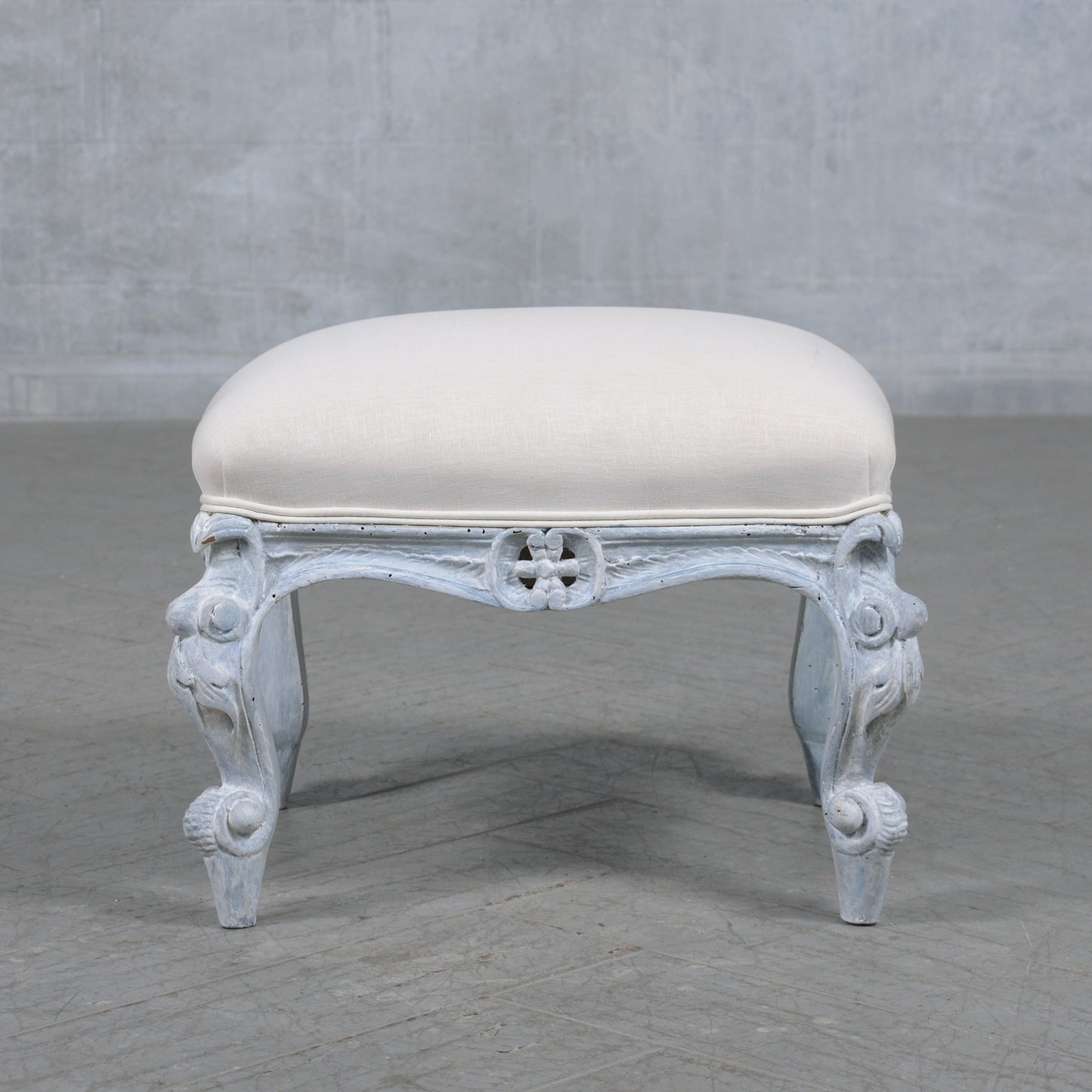 Antique Louis XV Style Footstool in Baby Blue & White with Linen Upholstery