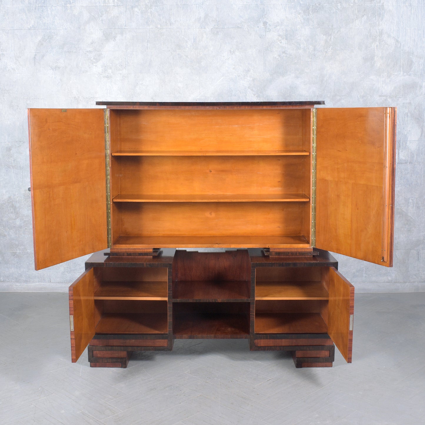1950s French Art Deco Sideboard with Marquetry and Ebonized Handles