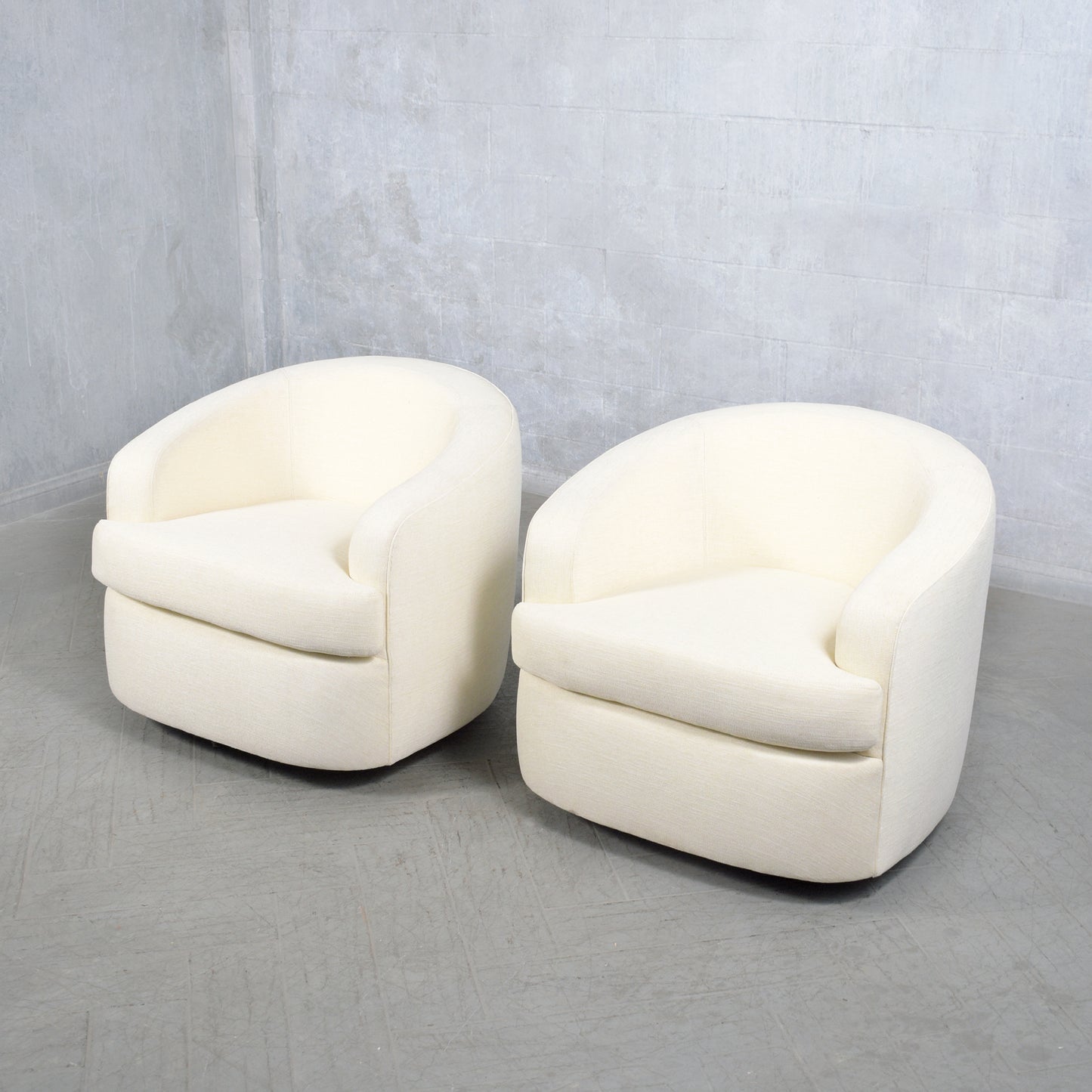 Restored Mid-Century Modern Swivel Chairs with Ivory Upholstery