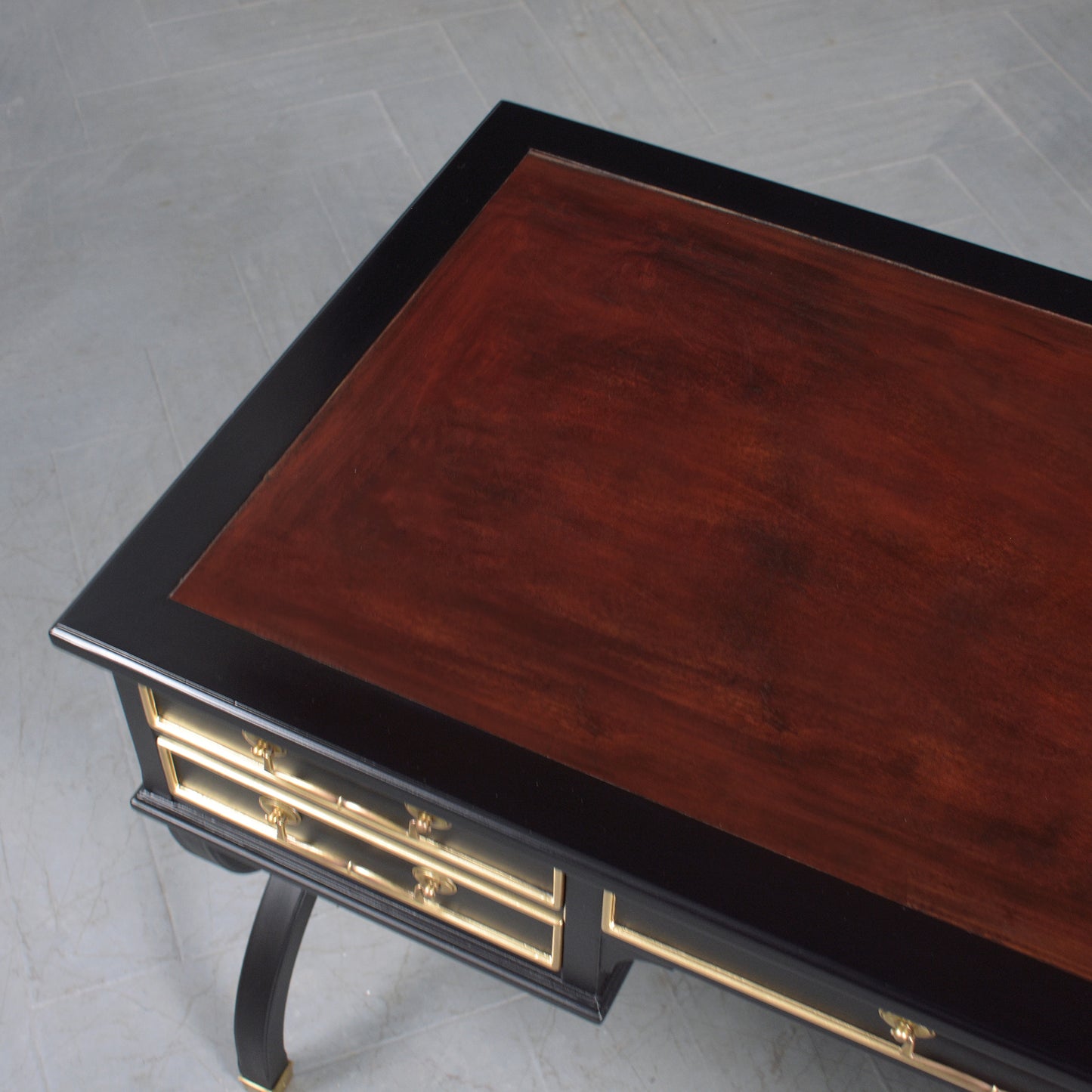 19th-Century Louis XVI Executive Mahogany Desk with Oxblood Leather Top