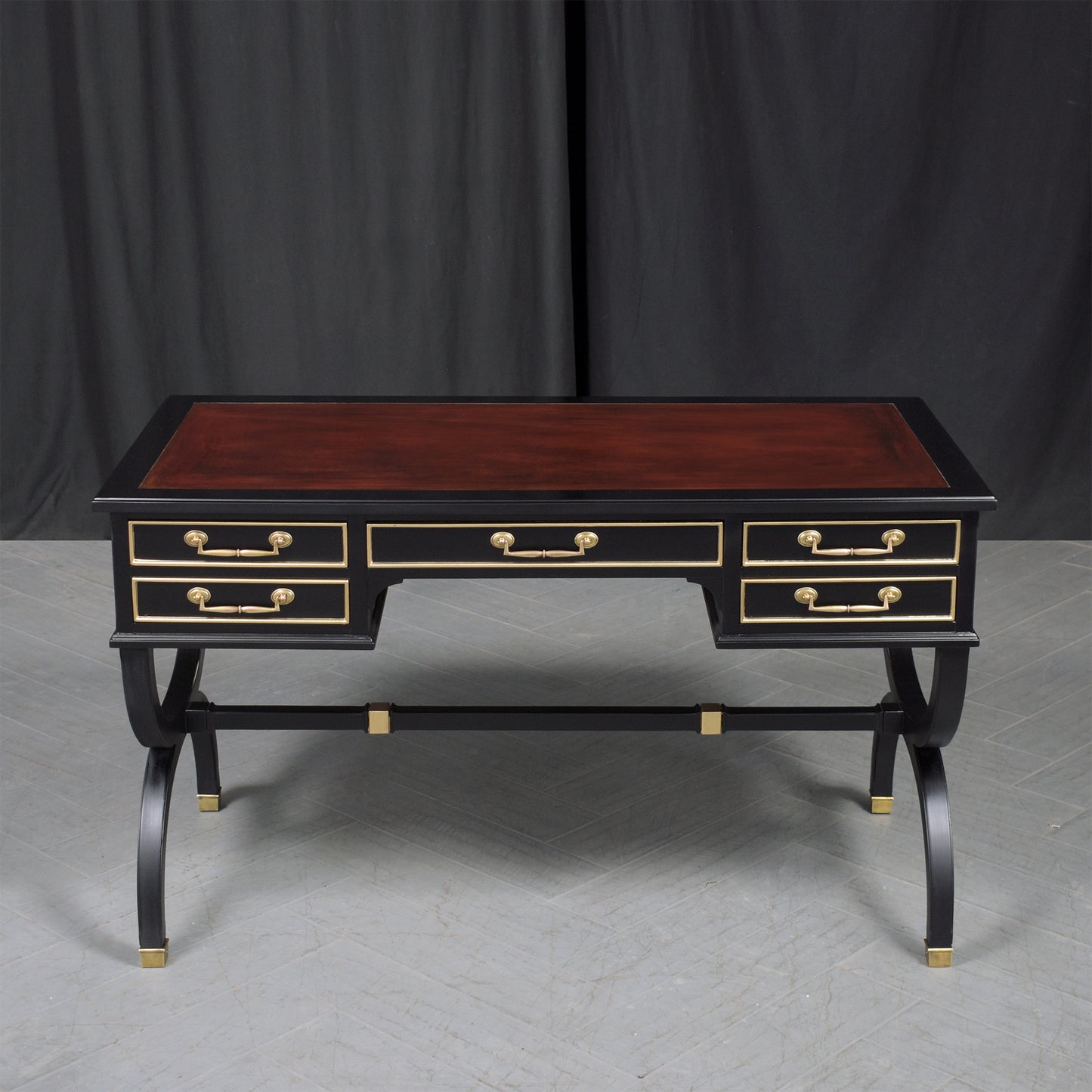 19th-Century Louis XVI Executive Mahogany Desk with Oxblood Leather Top