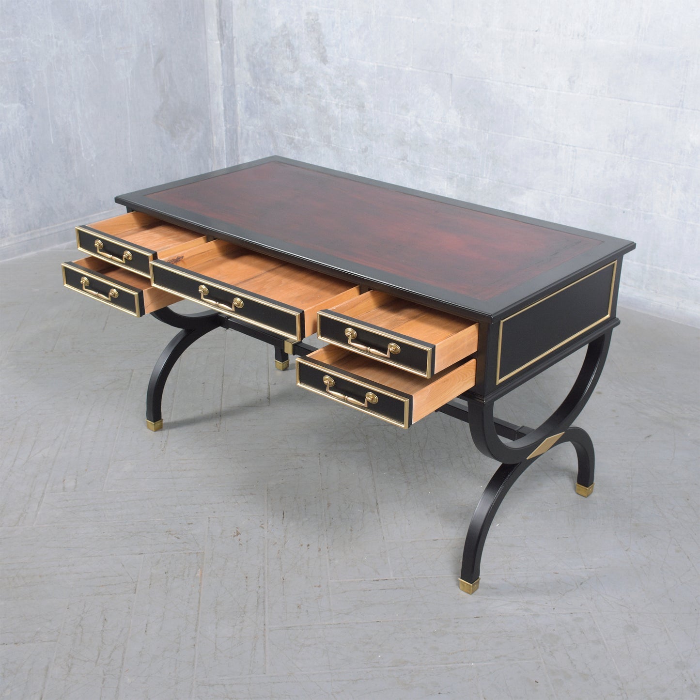 19th-Century Louis XVI Executive Mahogany Desk with Oxblood Leather Top