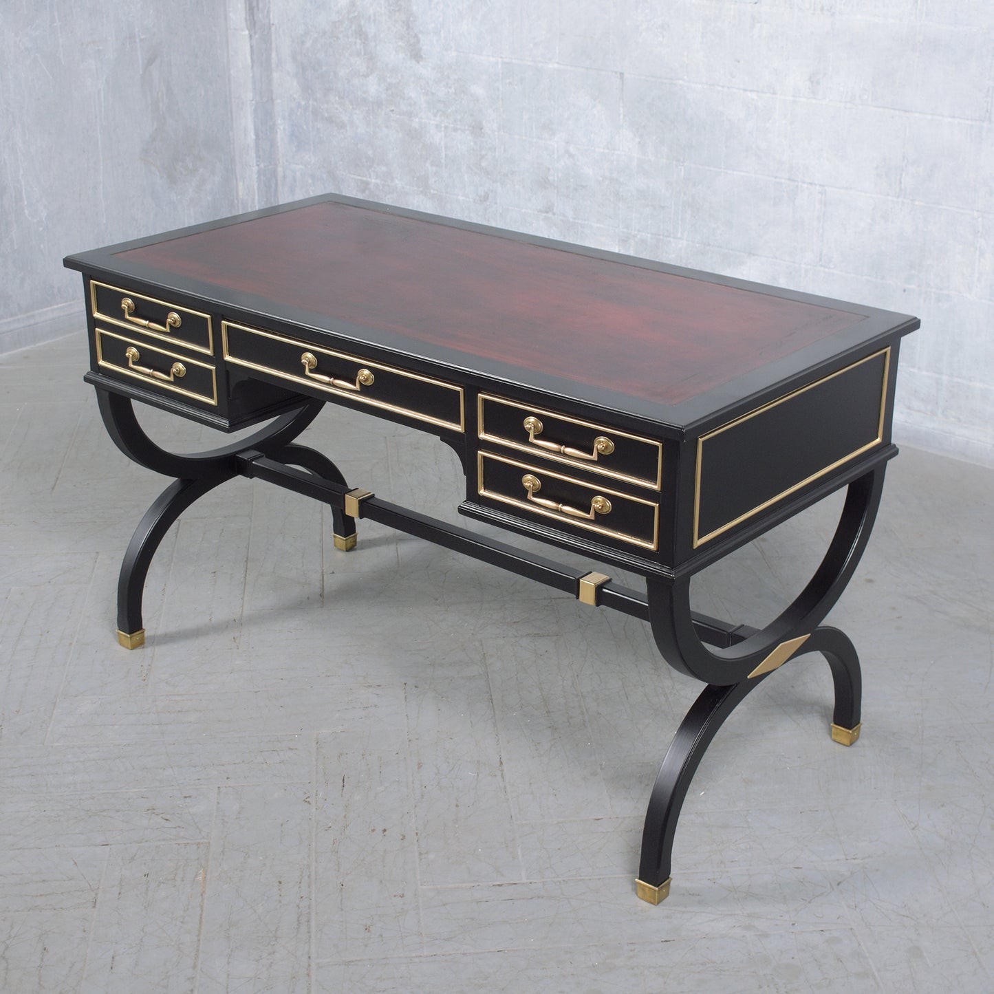 19th-Century Louis XVI Executive Mahogany Desk with Oxblood Leather Top