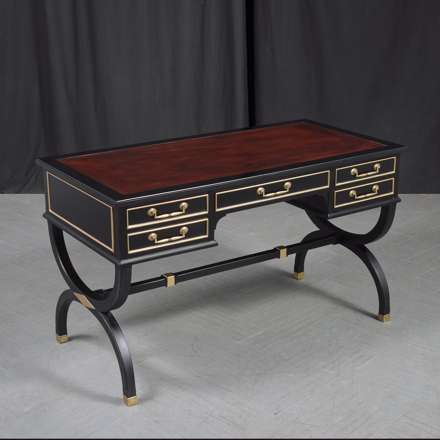 19th-Century Louis XVI Executive Mahogany Desk with Oxblood Leather Top