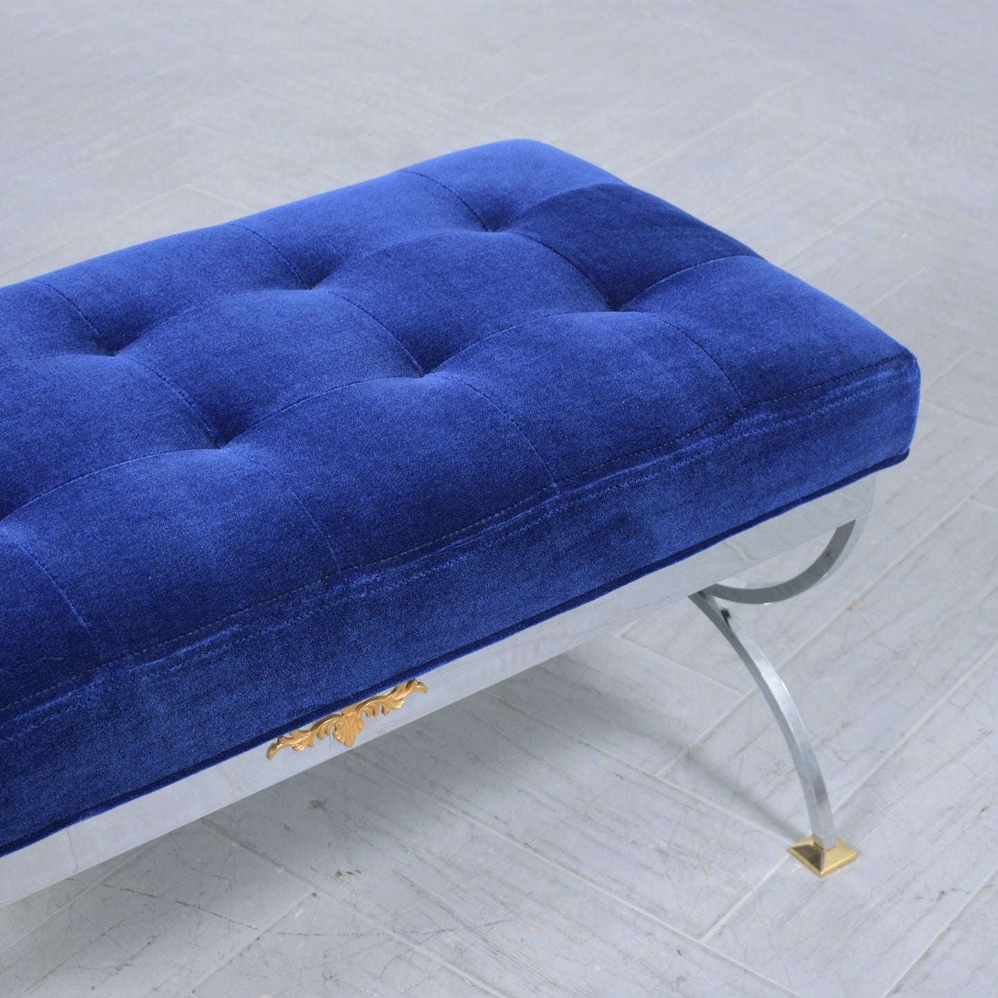 Fully Restored 1960s Mid-Century Modern Navy Blue Mohair Velvet Bench