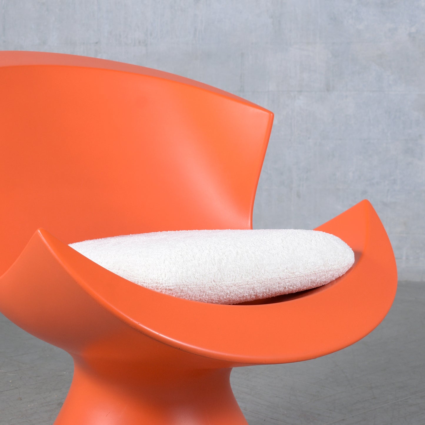 Post-Modern Orange Lounge Chair & Ottoman with White Bouclé Cushion