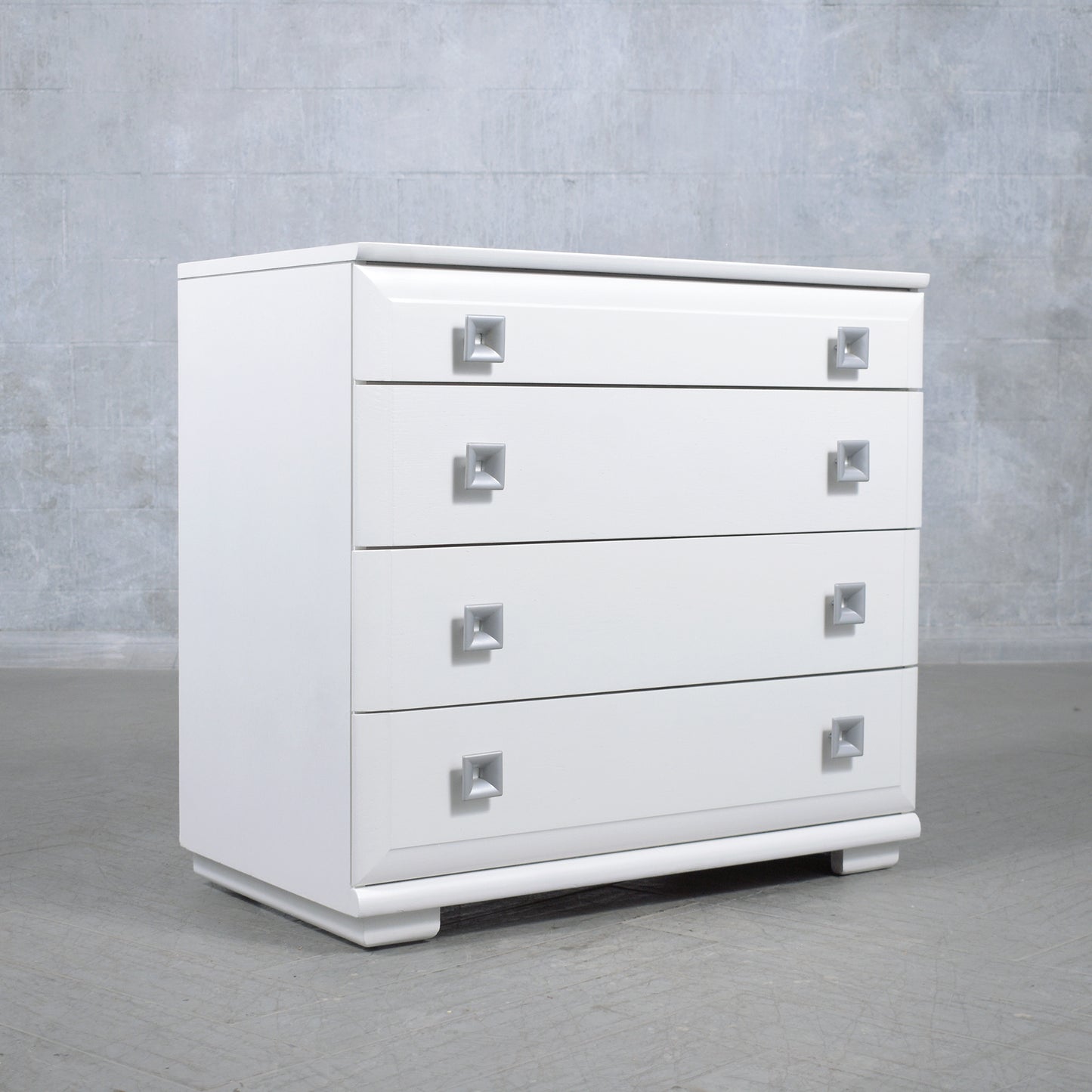 Modern White Lacquered Oak Dressers Pair with Intricate Handles