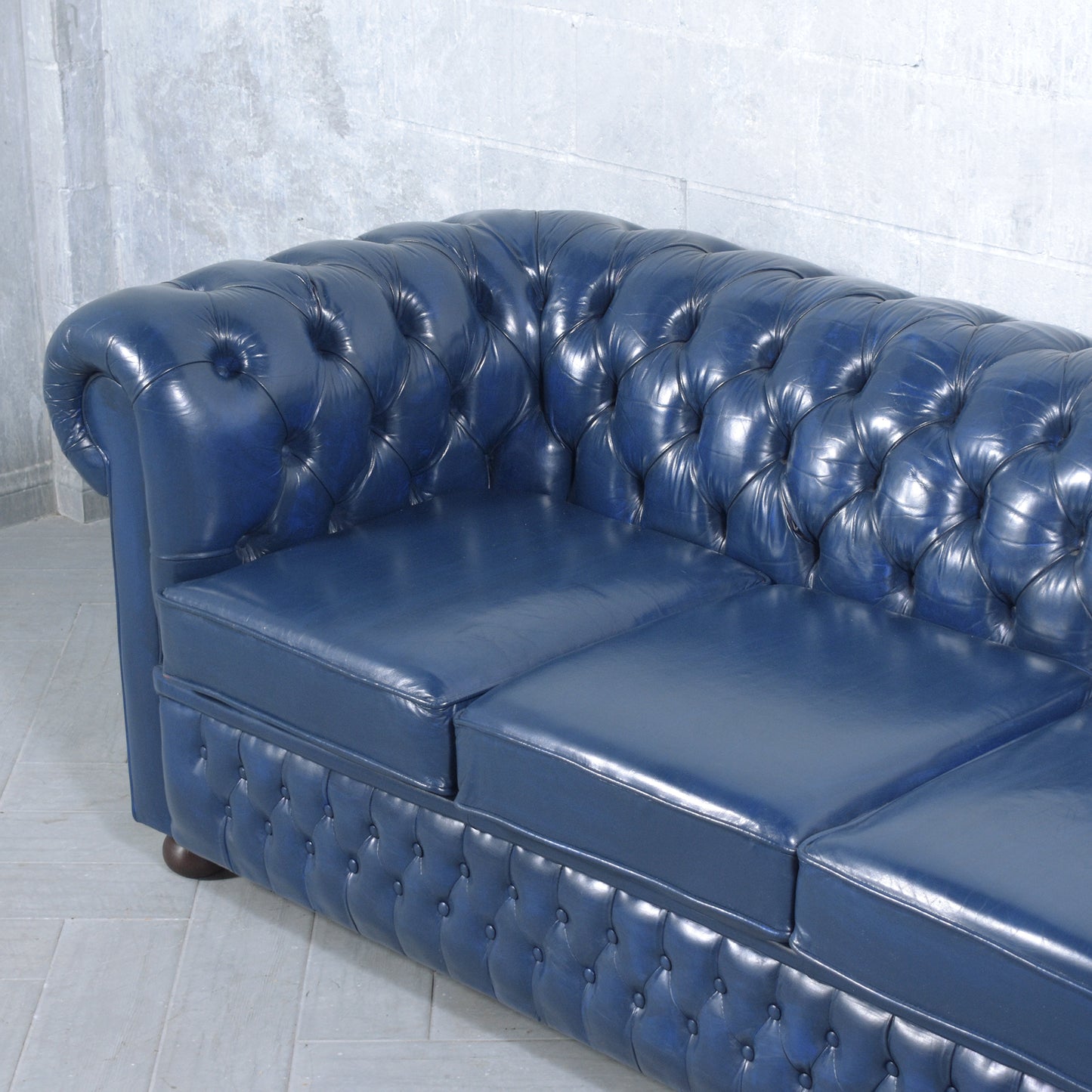 Vintage Navy Blue Leather Tufted Chesterfield Sofa