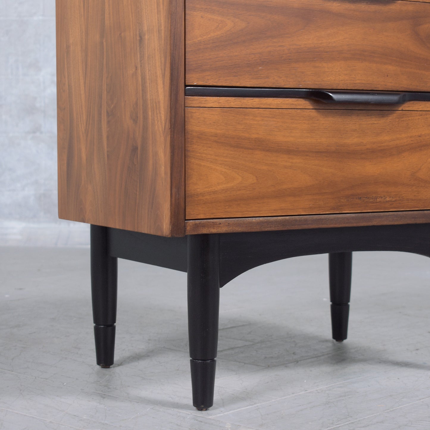 1960s Mid-Century Modern Walnut Nightstand: Ebonized Finish with Carved Details