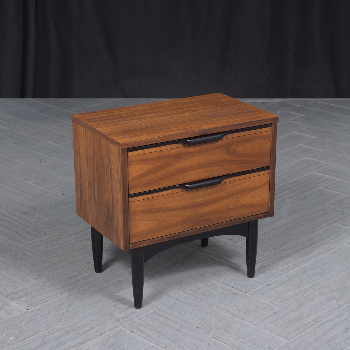 1960s Mid-Century Modern Walnut Nightstand: Ebonized Finish with Carved Details