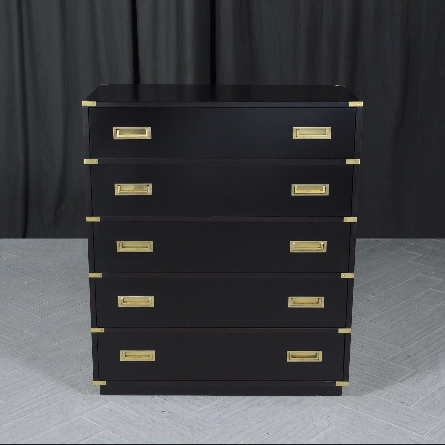 1940s Ebonized Campaign Mahogany Chest of Drawers