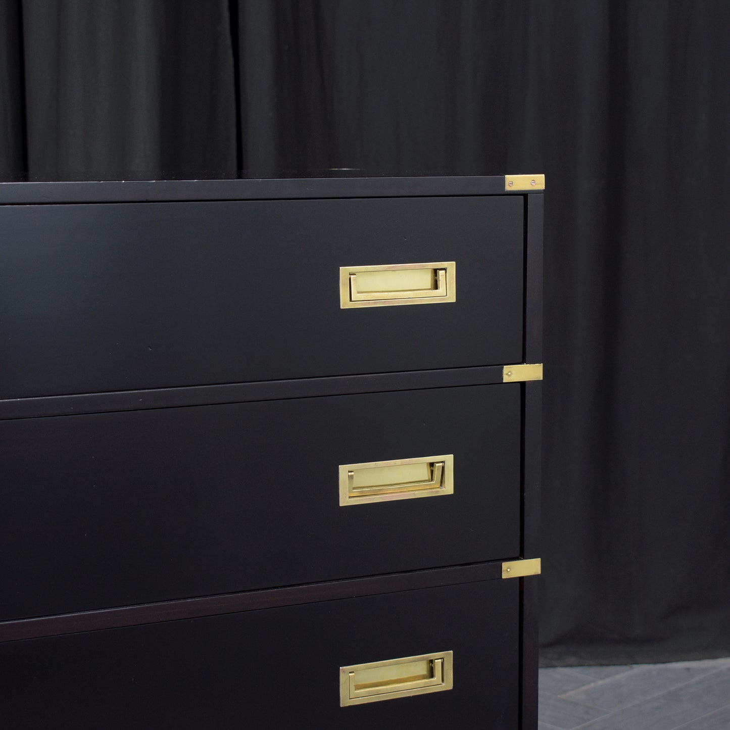 1940s Ebonized Campaign Mahogany Chest of Drawers