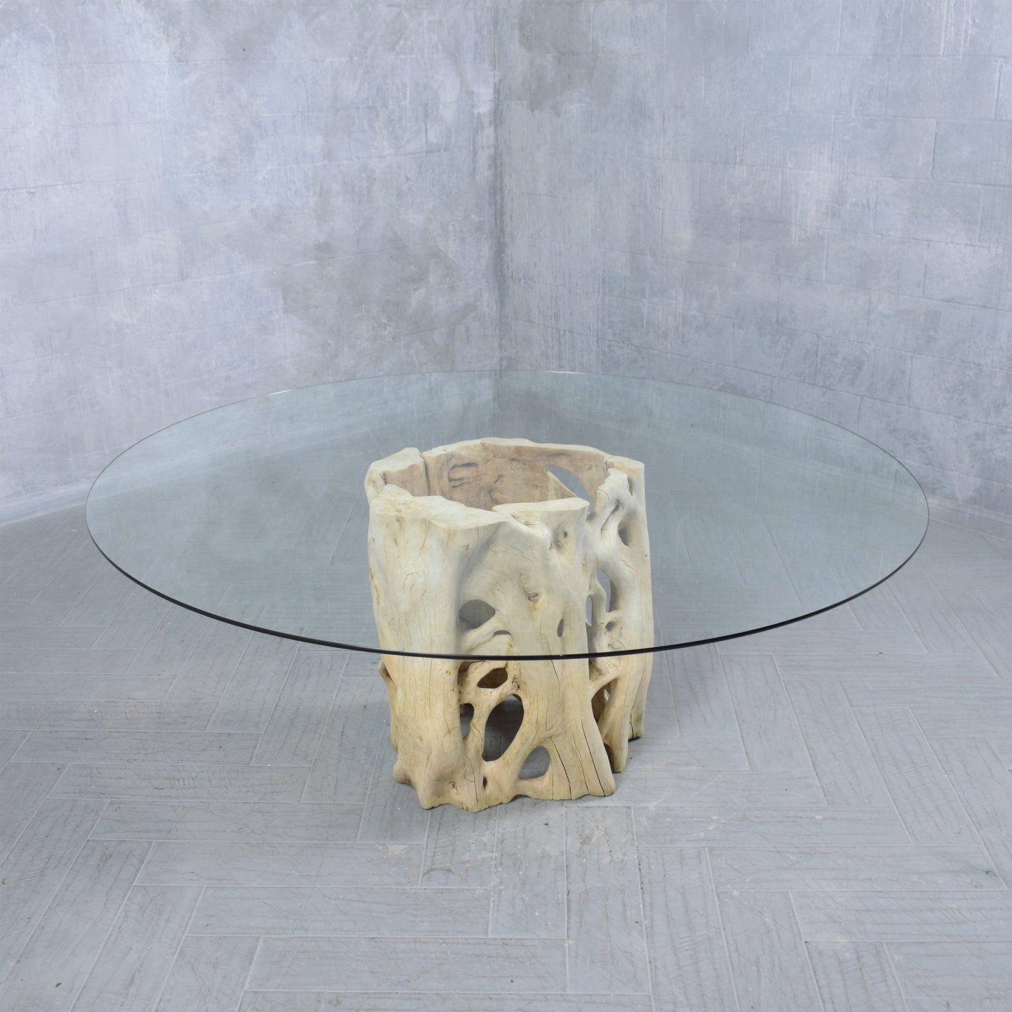 Extraordinary Vintage Cypress Root Tree Dining Table with Round Glass Top