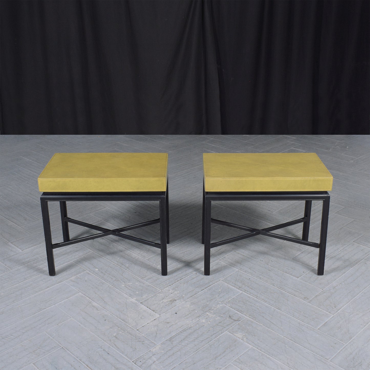 Pair of Restored Vintage Sheraton Style Side Tables with Green Leather Top