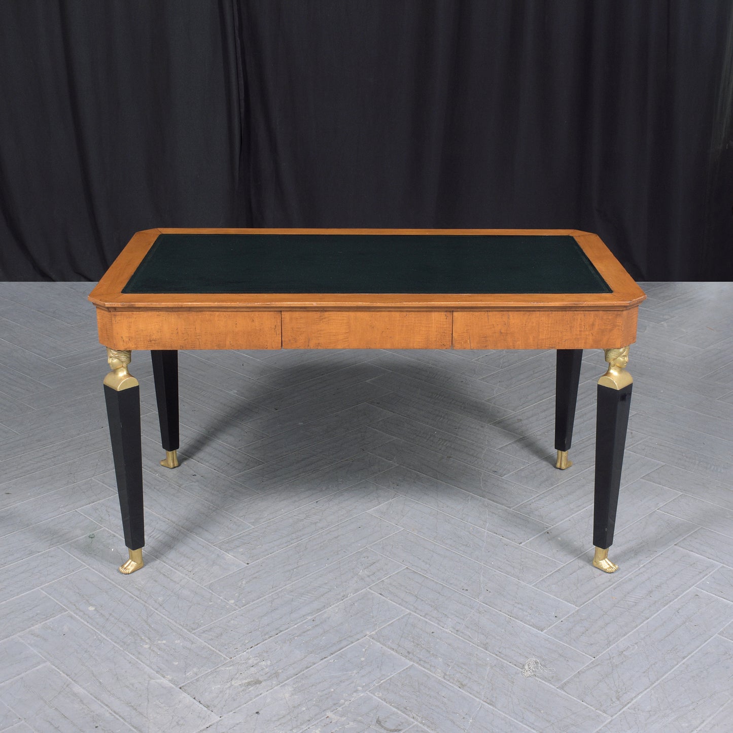 Restored 1970 Empire Desk: Light Walnut & Ebonized Finish with Green Leather Top