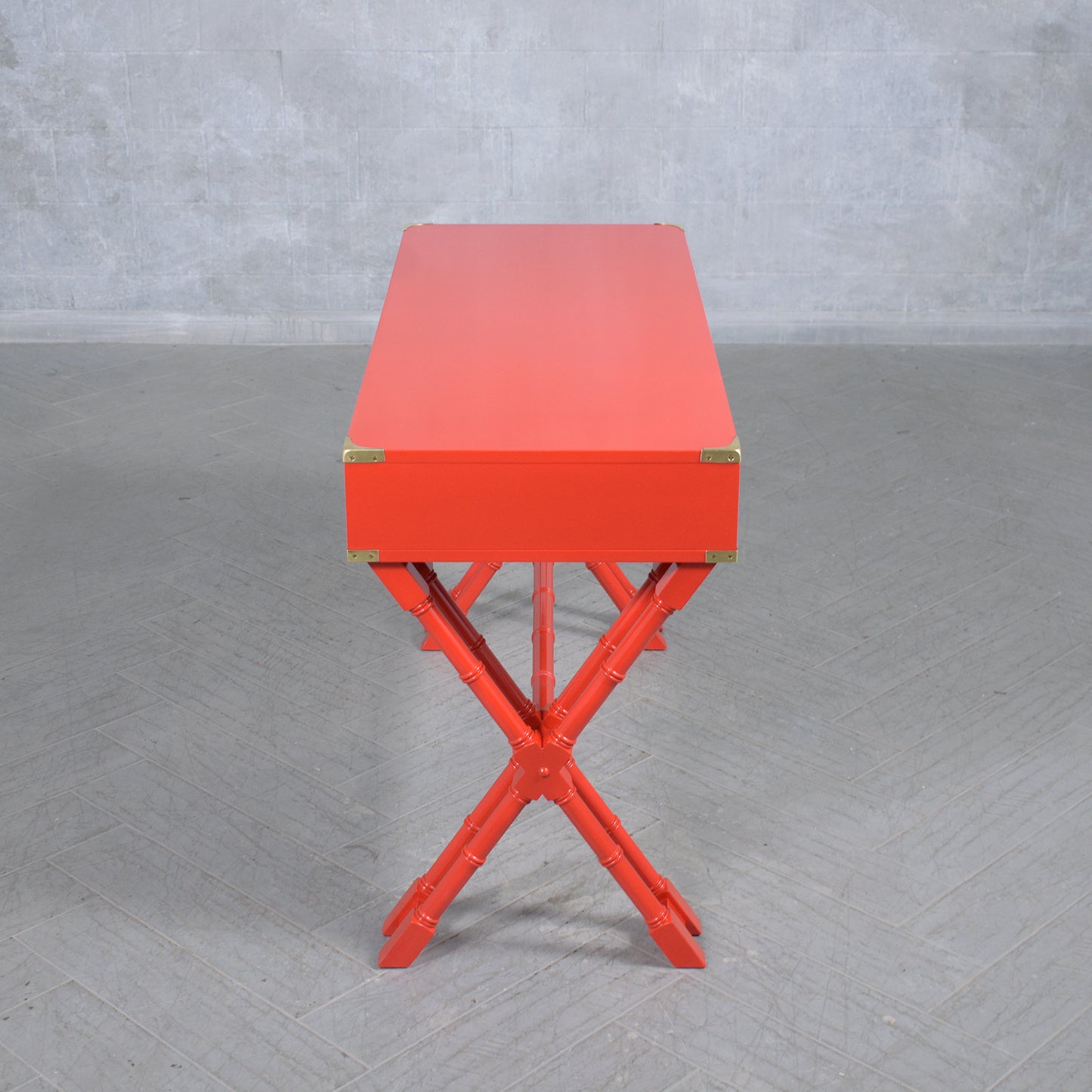 21st Century Custom Red Campaign Style Desk with Brass Accents