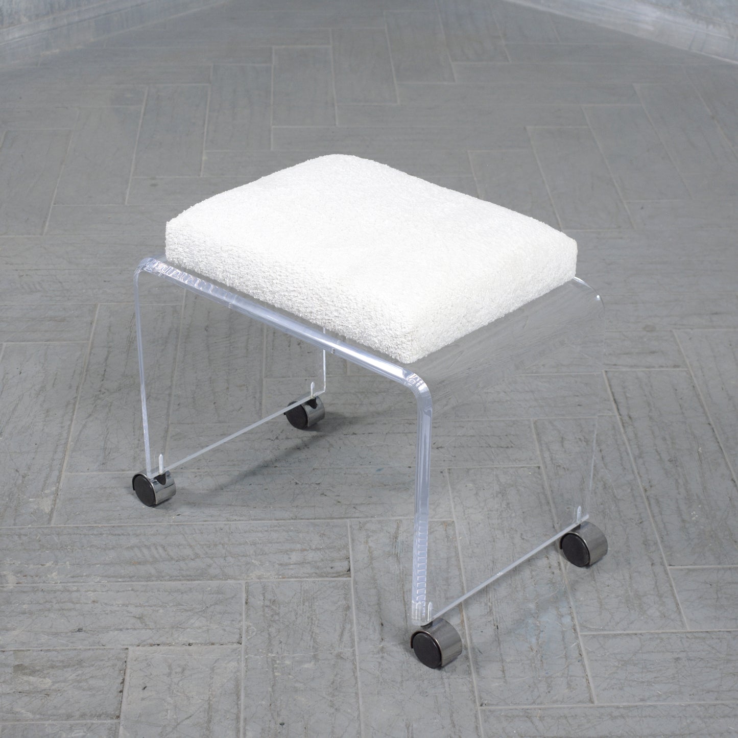 Vintage Lucite Waterfall Bench with Bouclé Upholstery and Casters