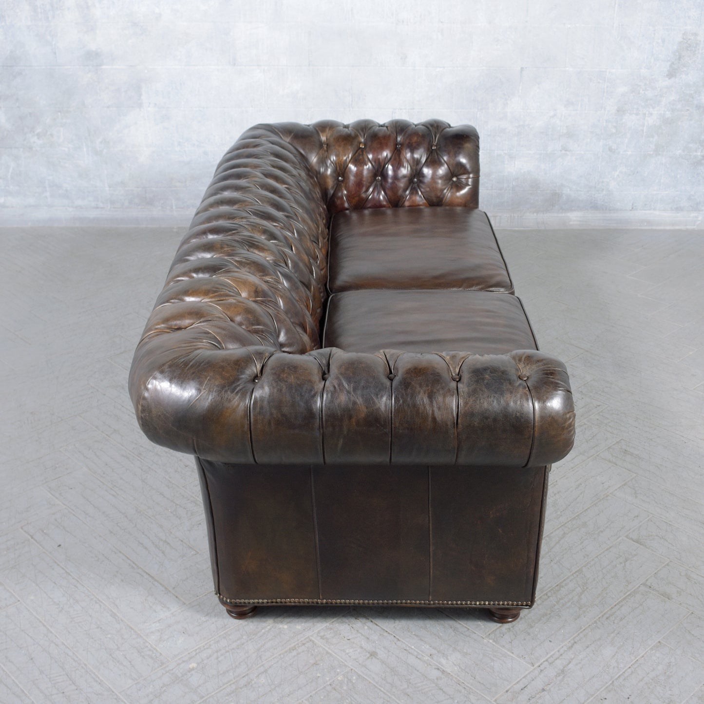 Handcrafted Original 1970s Vintage Brown Leather Chesterfield Sofa